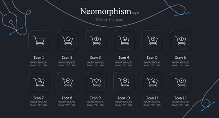 Fototapeta premium Grocery cart icon set. Star, favorites, recommended products, advertising, purchase. Neomorphism style. Vector line icon for business and advertising