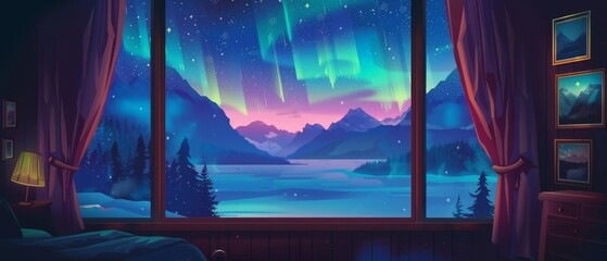 Stunning view of the aurora borealis from a chalet window at night. A modern cartoon illustration shows colorful lights in a dark starry sky, with transparent curtains in a room with pictures.