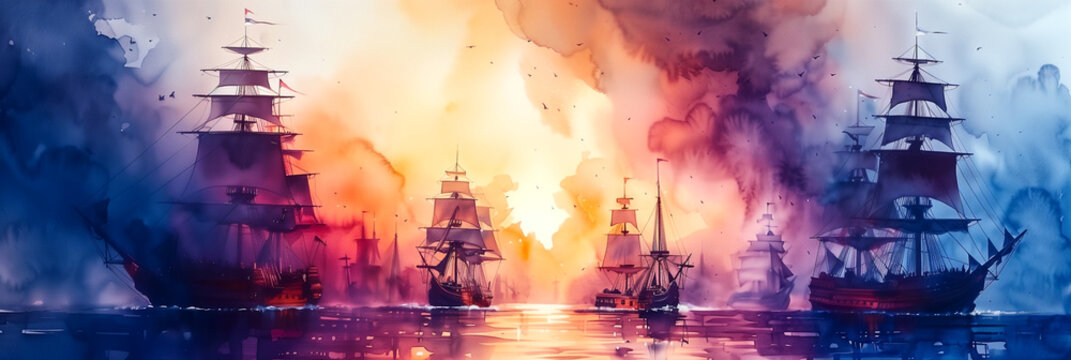 Wallpaper in the style of watercolor painting, a modern series of panoramic aerial views of a naval battle of sailing ships of the 17th century