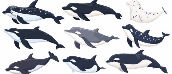 Illustration of polar water animals swimming in the sea or ocean. Cartoon illustration of whale, narwhal, orca, beluga, dolphin characters, underwater wildlife design elements.