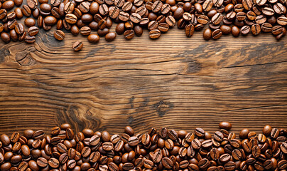 coffee beans wallpaper seen from above on a wooden table top with copy space background	