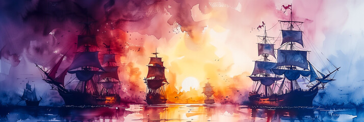 Wallpaper in the style of watercolor painting, a modern series of panoramic aerial views of a naval battle of sailing ships of the 17th century