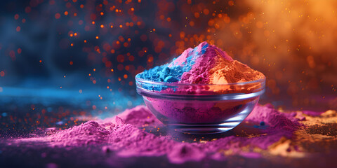 Happy Holi décor celebration multi color powder on a glass bowl and dark background  