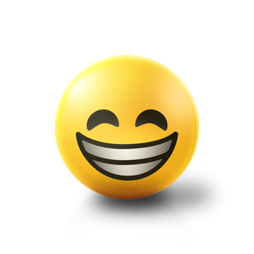 Grinning and laughing happy Emoji stress ball on shiny floor. 3D emoticon isolated.