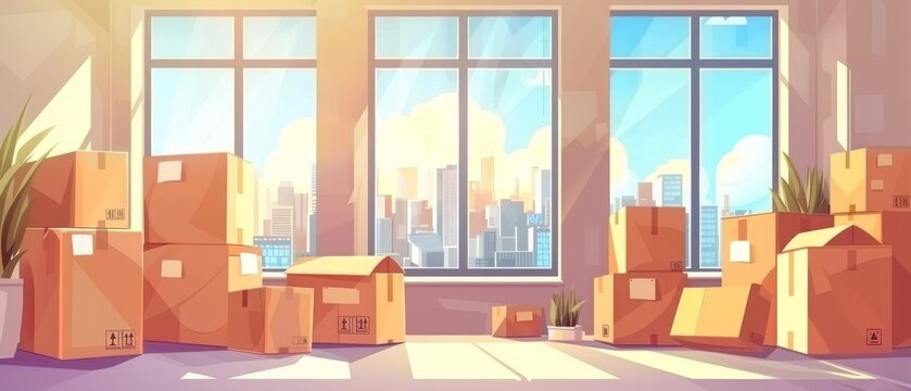 A cartoon image of a moving concept with a bunch of cardboard boxes with belongings on the floor of an empty room with a city landscape outside a big window. A cartoon image of a moving concept with