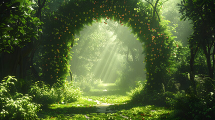 An exotic fairytale fantasy forest with lush green trees, colorful flowers, and a beautiful archway, illuminated by sunlight and shadows. Perfect for fantasy-themed illustrations and designs. - obrazy, fototapety, plakaty