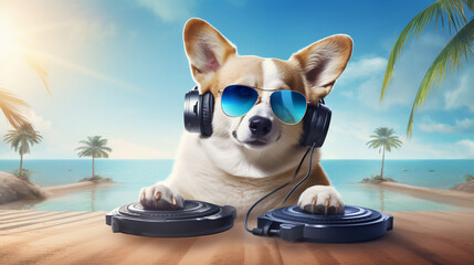 A Welsh Corgi dog DJ hosting a lively beach party