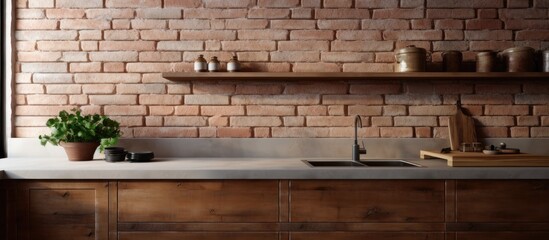 A kitchen with a sink, surrounded by a beautiful brick wall. The organic touch of plants adds a splash of greenery to the rustic brickwork