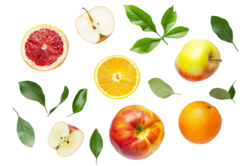 Top view group of exotic fruits with slice and green leaves isolated on background, assorted mix fruits with freshness and healthy, high vitamin and minerals.
