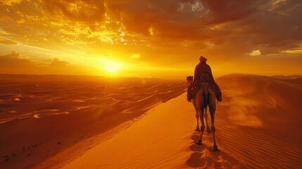 Fototapeta na wymiar A man is riding a camel in the desert at sunset