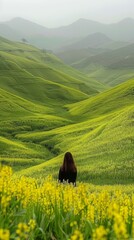 A woman stands in a field of yellow flowers