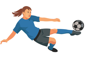 Fototapeta na wymiar Isolated teenager girl figure of a school women's football player in a blue sports uniform jumps to hit the ball
