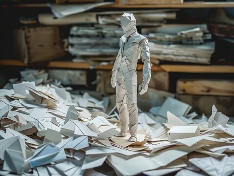 A man made out of paper is standing on a pile of paper