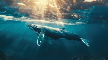 A whale is swimming in the ocean with its head above the water - obrazy, fototapety, plakaty