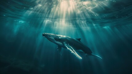 Fototapeta premium A whale is swimming in the ocean with its head above the water