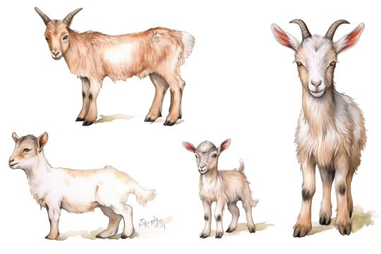 illustration Hand element background standing set White farm small laying drawn goat farm goatling watercolor animal Small goat newborn Cute