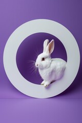 A rabbit is looking out of a hole in a purple wall