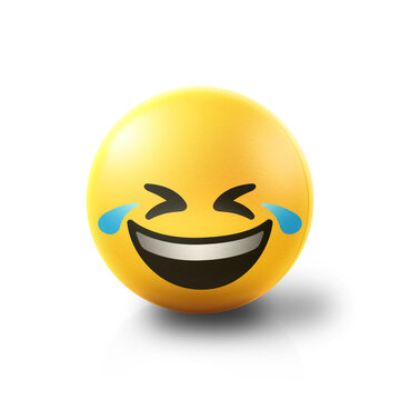 Naklejki Laughing out loud and crying Emoji stress ball on shiny floor. 3D emoticon isolated.