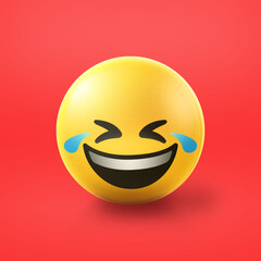 Laughing out loud and crying Emoji stress ball on shiny floor. 3D emoticon isolated.