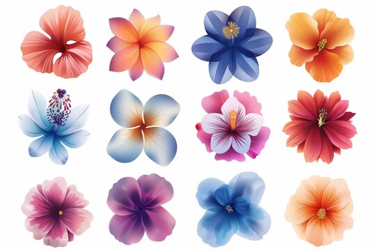 Set of different beautiful flowers. Muted shades. Vibe 70s, 60s. Flat isolated vector illustration on transparent background.