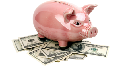 Ceramic Piggy Bank with Transparent Background: Securing Prosperity, The Shine of Savings, and Financial Reflections on a Bed of Bills