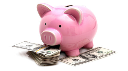 Ceramic Piggy Bank with Transparent Background: Securing Prosperity, The Shine of Savings, and Financial Reflections on a Bed of Bills