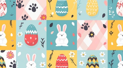 Spring season repeated in fabric pattern for prints, wallpaper, cover, packaging, kids, ads, and packaging. Set of square cover design with easter egg, rabbit, paw, flower.