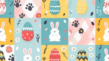 Foto op Plexiglas Spring season repeated in fabric pattern for prints, wallpaper, cover, packaging, kids, ads, and packaging. Set of square cover design with easter egg, rabbit, paw, flower. © Mark