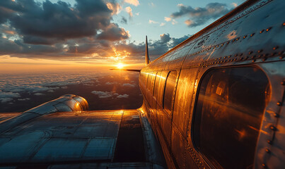 Airplane flight in the rays of the rising sun. - obrazy, fototapety, plakaty