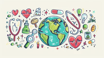 Poster Hand drawn comic doodle style earth, heart, stethoscope, pill concept for World Health Day, 7 April. Design for banner, campaign, social media posts, etc. © Mark