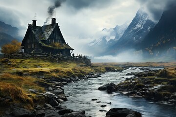 Rustic Cabin with Smoking Chimneys by Mountain River.  - obrazy, fototapety, plakaty