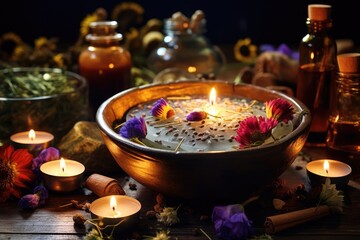 Natural immune support methods: aromatherapy, ayurveda, herbal baths, relaxation techniques - obrazy, fototapety, plakaty