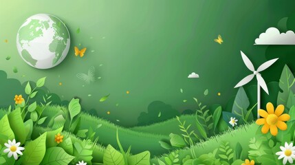 Obraz premium Environment day concept modern illustration. Earth, globe, windmill, foliage, cloud on green background. Eco-friendly illustration for web, banner, campaign, and social media.