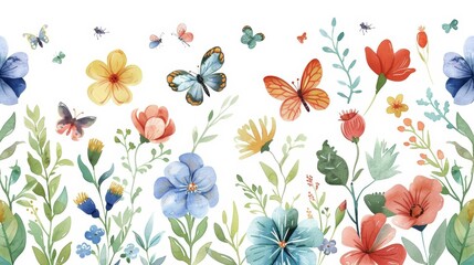 Background modern illustration of spring floral art. Watercolor hand-painted botanical flower, leaves, insects, butterflies. Suitable for wallpaper, posters, banners, cards, print, web, and - obrazy, fototapety, plakaty