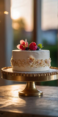 miniature wedding cake, with intricate gold detailing and topped with delicate flowers, set against serene outdoor backdrop
