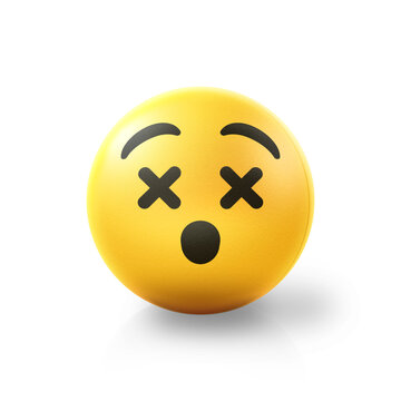 Knocked out dizzy or dead Emoji stress ball on shiny floor. 3D emoticon isolated.