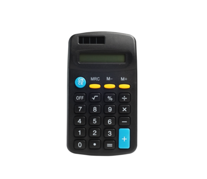 Black digital calculator isolated on white background.