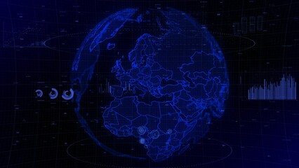 cinematic digital globe rotating video background showcases zooming in on Serbia country. Data analysis Serbia Country Charts and Graphs of Growth, Development, Resources, GDP Conceptual