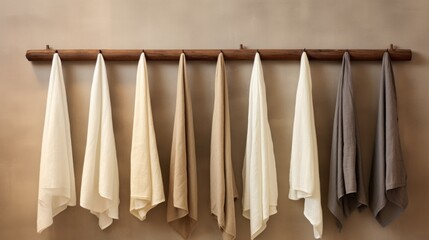 Kitchen and Children's towels made of natural muslin, fabrics are hung on a wooden hanger on the beige wall.