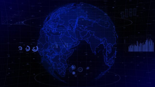 cinematic digital globe rotating video background showcases zooming in on Oman country. Data analysis Oman Country Charts and Graphs of Growth, Development, Resources, GDP Conceptual