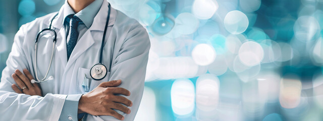 Doctor Man With Stethoscope In Hospital, focus body, with the copy space, blur background