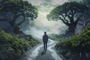 Poster A man walking straight alone on the walk path way, myterious forest at front, quiet and lonely, there is big trees at 2 side way © Pattanan