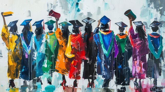 abstract aclylic  art of a group of graduated students wearing degree hat and gown holding diplomas raised in hands, different color of gawn, diversity, Graduation ceremony concept