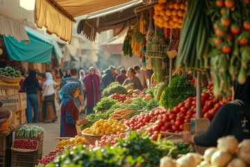 Variation of fresh organic vegetables on the market stall somewhere in Asia. Healthy eating concept - obrazy, fototapety, plakaty