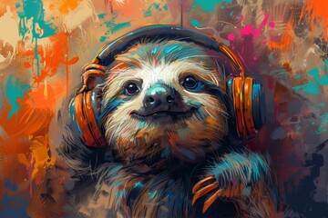 Fototapeta premium smiling sloth with headphones on, colorful background