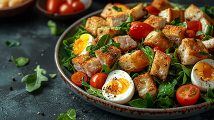 Gourmet Caesar Salad with Grilled Chicken and Soft Boiled Eggs - obrazy, fototapety, plakaty