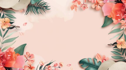 Pink Background With Flowers and Leaves