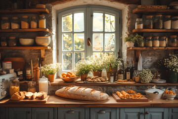 Freshly baked sourdough bread and pastries on a rustic kitchen counter - obrazy, fototapety, plakaty
