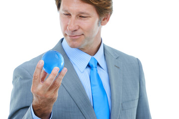 Businessman, hand and ball with vision or globe for career sight or job opportunity on a white...