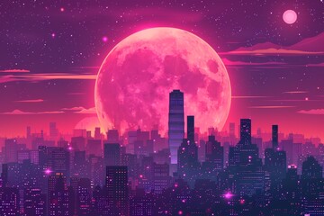 vector art of purple city skyline with pink moon